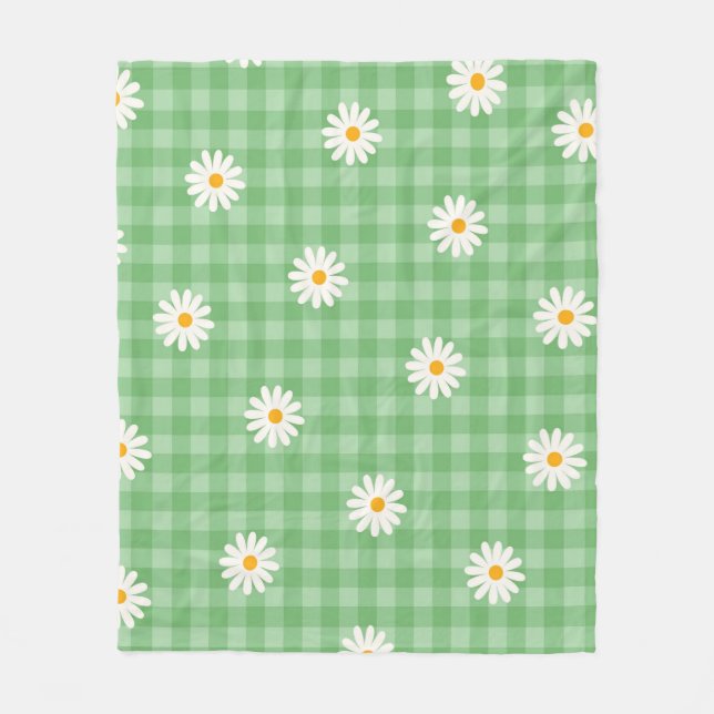 Green Daisy Plaid Gingham Check Flower Pattern Fleece Blanket (Front)