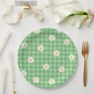 Green Daisy Plaid Gingham Check Flower Pattern Paper Plate
