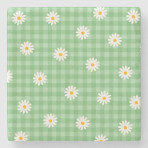 Green Daisy Plaid Gingham Check Flower Pattern Stone Coaster