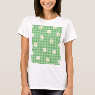 Green Daisy Plaid Gingham Check Flower Pattern T-Shirt