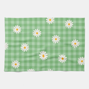 Green Daisy Plaid Gingham Check Flower Pattern Tea Towel