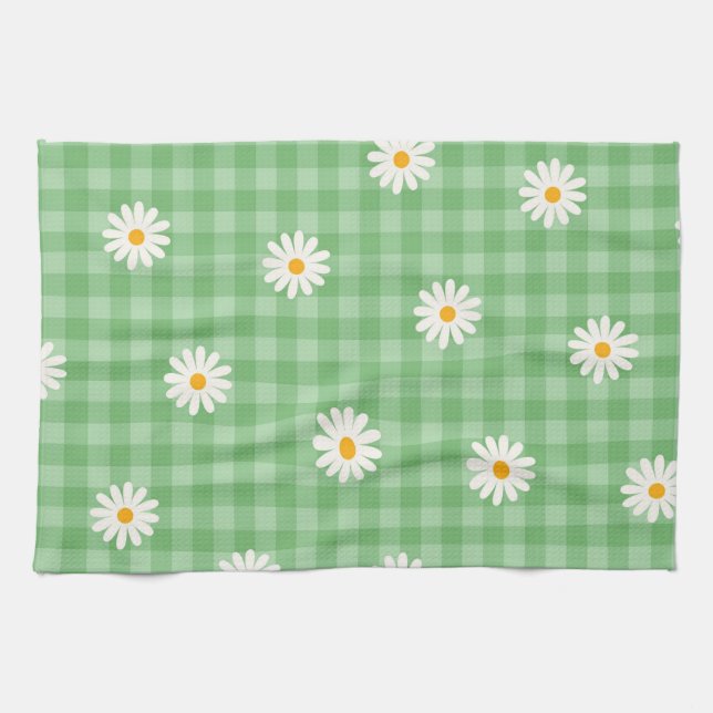 Green Daisy Plaid Gingham Check Flower Pattern Tea Towel (Horizontal)