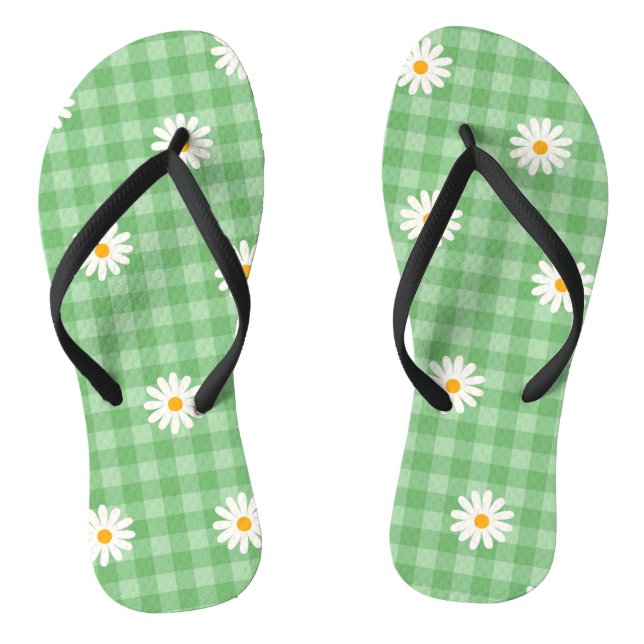 Green Daisy Plaid Gingham Check Flower Pattern Thongs (Footbed)