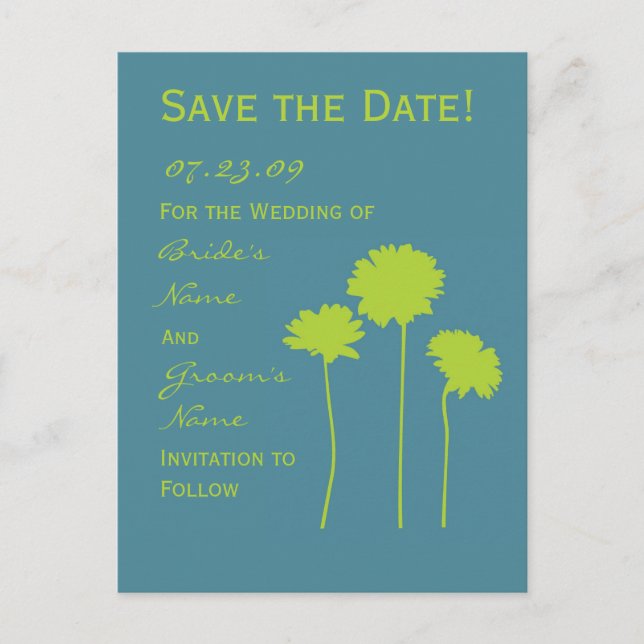Green Daisy Save the Date Announcement Postcard (Front)