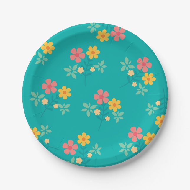 Green Daisy Vintage Bouquet Pattern Paper Plate (Front)