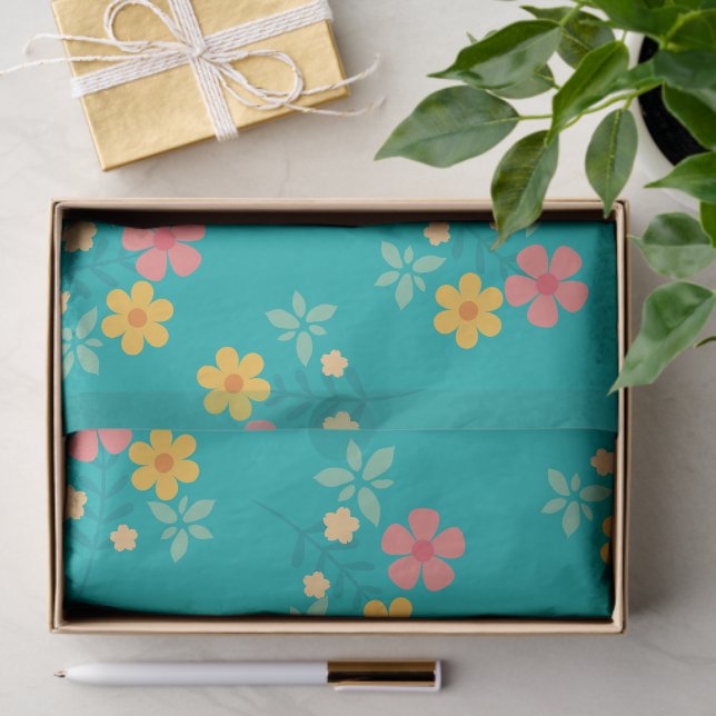 Green Daisy Vintage Bouquet Pattern Tissue Paper (Gift)