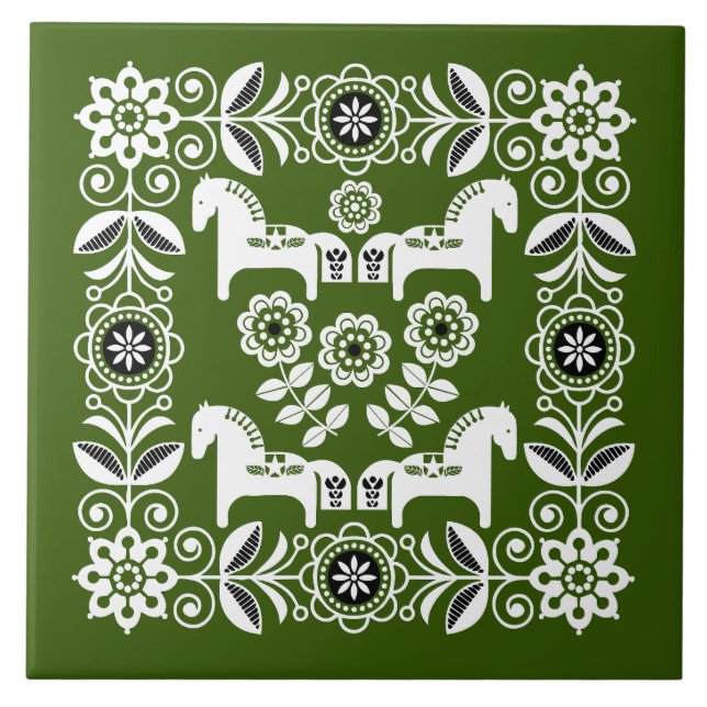 Green Dala Swedish Horse Print Ceramic Tile (Front)