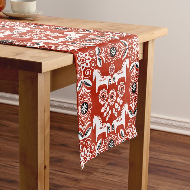 Green Dala Swedish Horse Print Short Table Runner (In Situ)