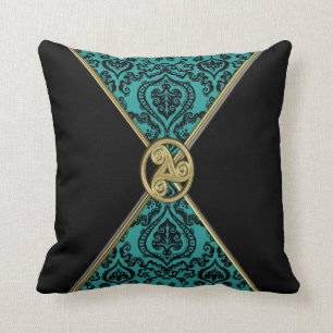 Green Damask and Black with Celtic Knot  Pillow