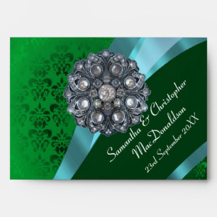 Green damask and crystal rhinestone envelopes