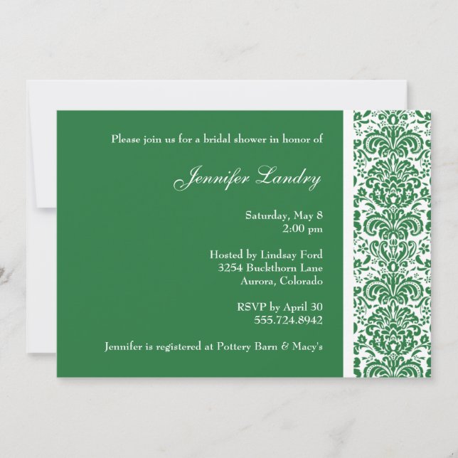 Green Damask Bridal Shower Invitation (Front)