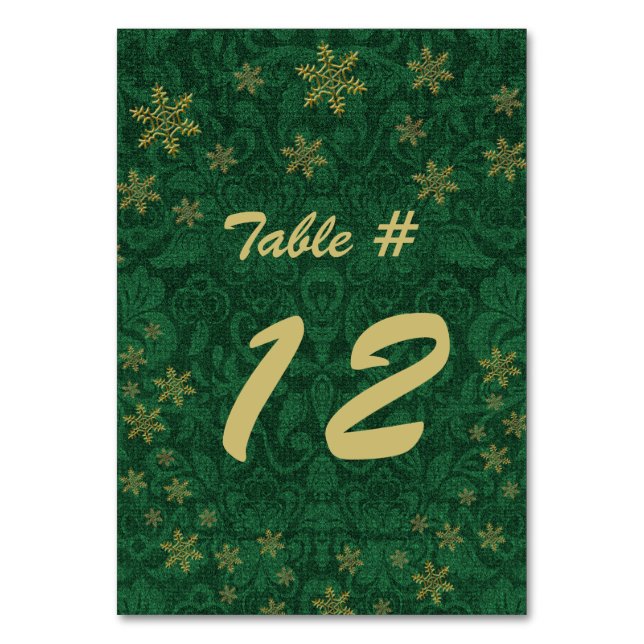Green Damask Christmas Party Table Number (Front)