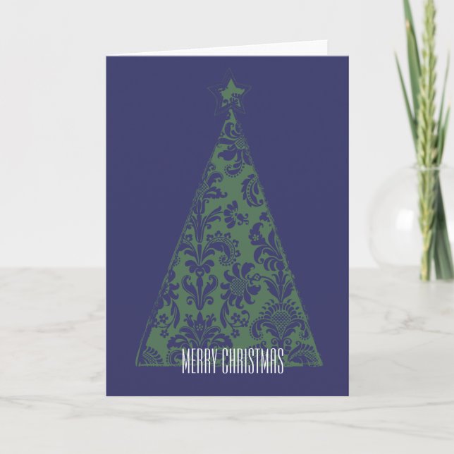 Green Damask Christmas Tree Holiday Card (Front)