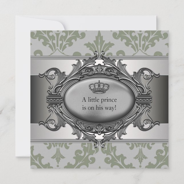 Green Damask Crown Little Prince Boy Baby Shower Invitation (Front)