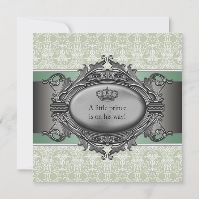 Green Damask Crown Little Prince Boy Baby Shower Invitation (Front)