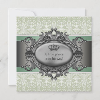Green Damask Crown Little Prince Boy Baby Shower Invitation