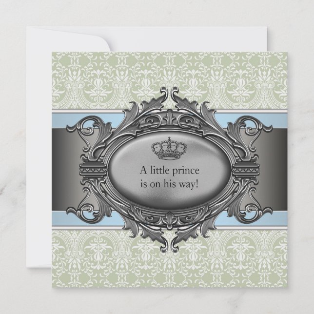 Green Damask Crown Little Prince Boy Baby Shower Invitation (Front)