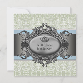 Green Damask Crown Little Prince Boy Baby Shower Invitation