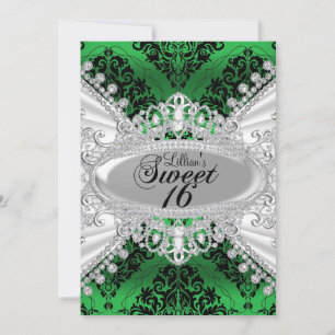 Green Damask & Diamond Tiara Sweet 16 Invite