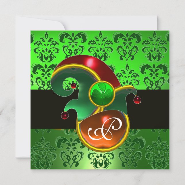 GREEN DAMASK ,ELF HAT ST.PATRICK'S  PARTY MONOGRAM INVITATION (Front)