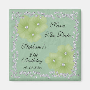 Green Damask & Flowers 21st Birthday Magnet