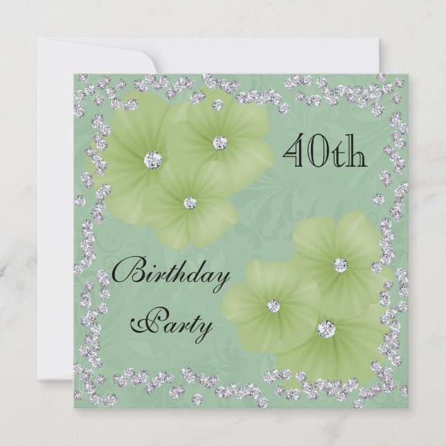 Green Damask & Flowers 40th Birthday Invitation (Front)