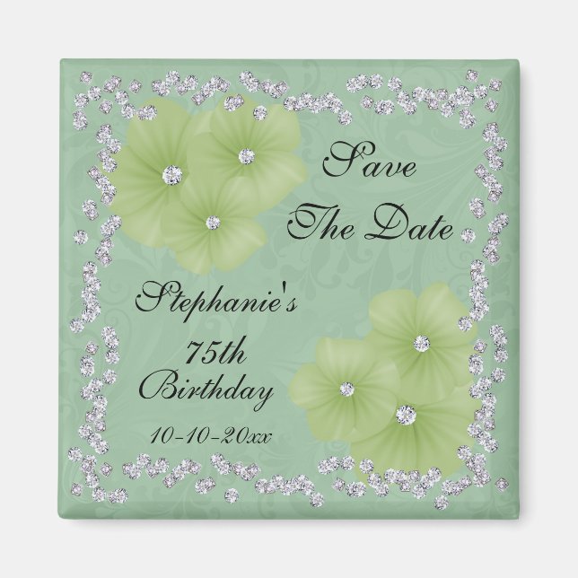 Green Damask & Flowers 75th Birthday Magnet (Front)