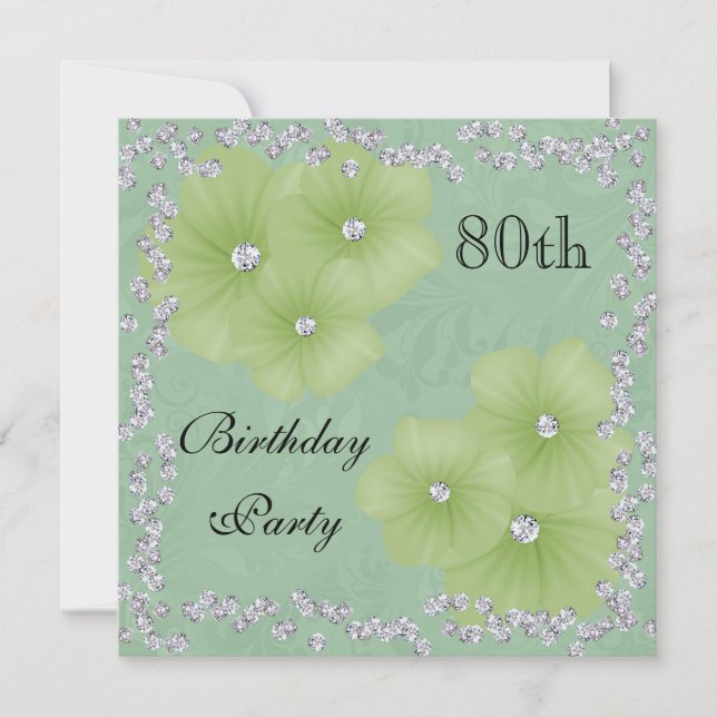 Green Damask & Flowers 80th Birthday Invitation (Front)