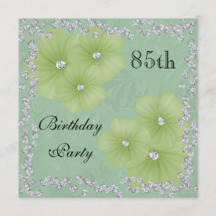 Green Damask & Flowers 85th Birthday Invitation
