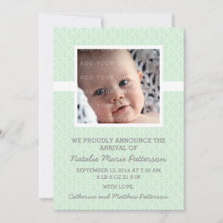Green Damask Frame Photo Baby Announcement