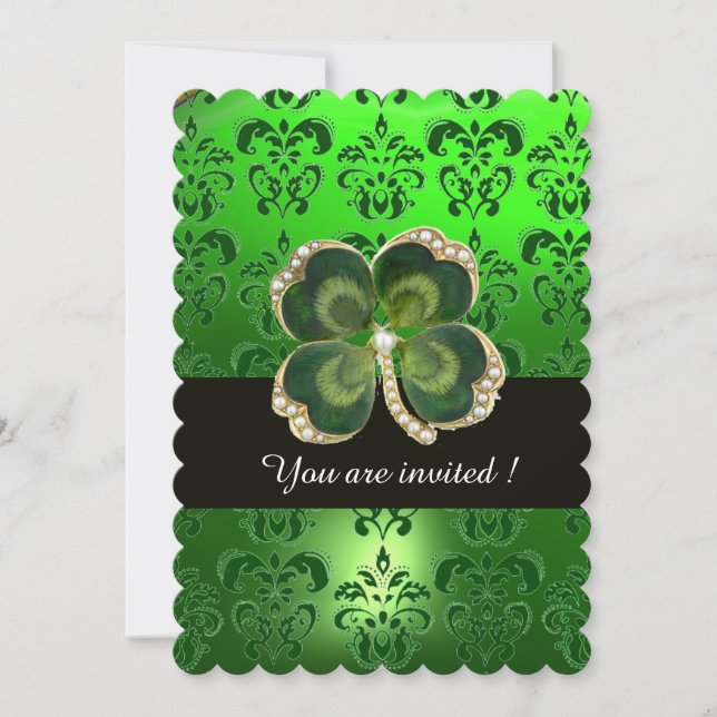 GREEN DAMASK,GOLD SHAMROCK JEWEL WITH WHITE PEARLS INVITATION (Front)