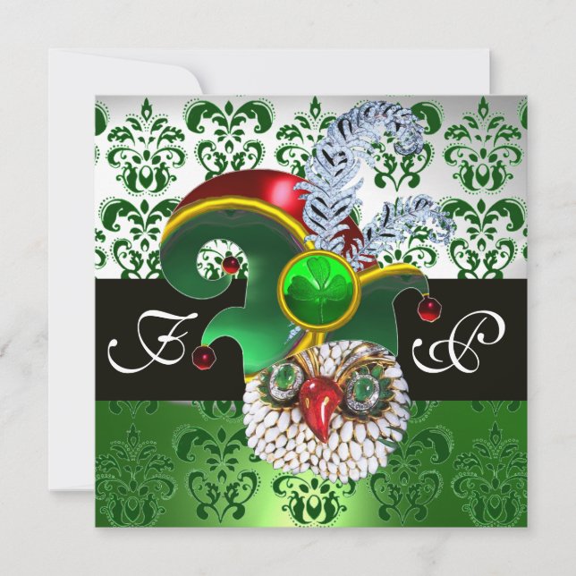 GREEN DAMASK ,JEWEL OWL ,ELF HAT,DIAMOND  FEATHERS INVITATION (Front)