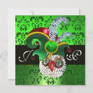 GREEN DAMASK ,JEWEL OWL ,ELF HAT,DIAMOND  FEATHERS INVITATION