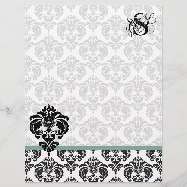 Green Damask Monogram Letterhead (Front)