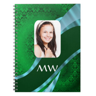 Green damask monogram photo template notebook