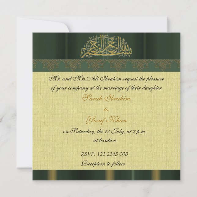 Green Damask Muslim wedding Invitation (Front)