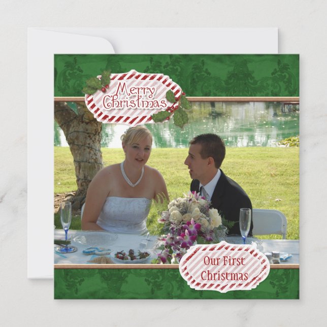 Green Damask n Holly Photo Christmas Card (Front)