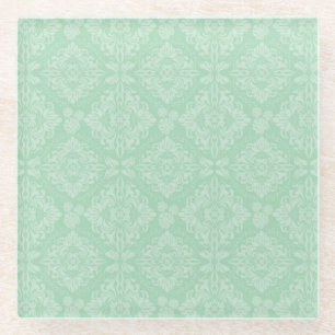 Green damask pattern glass coaster