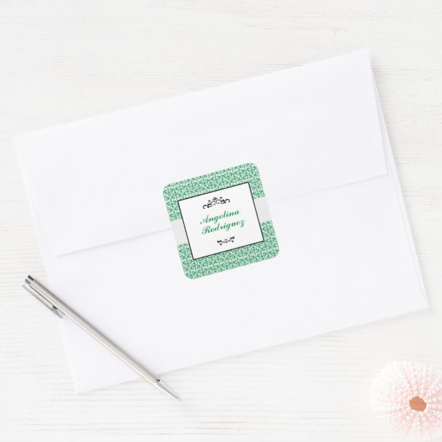 Green Damask Pattern Graduation Square Sticker (Envelope)