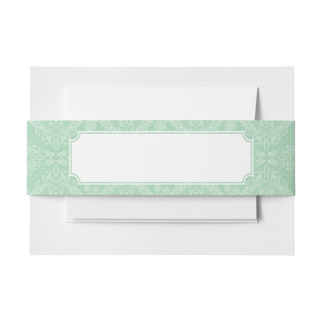 Green damask pattern invitation belly band (Front Example)
