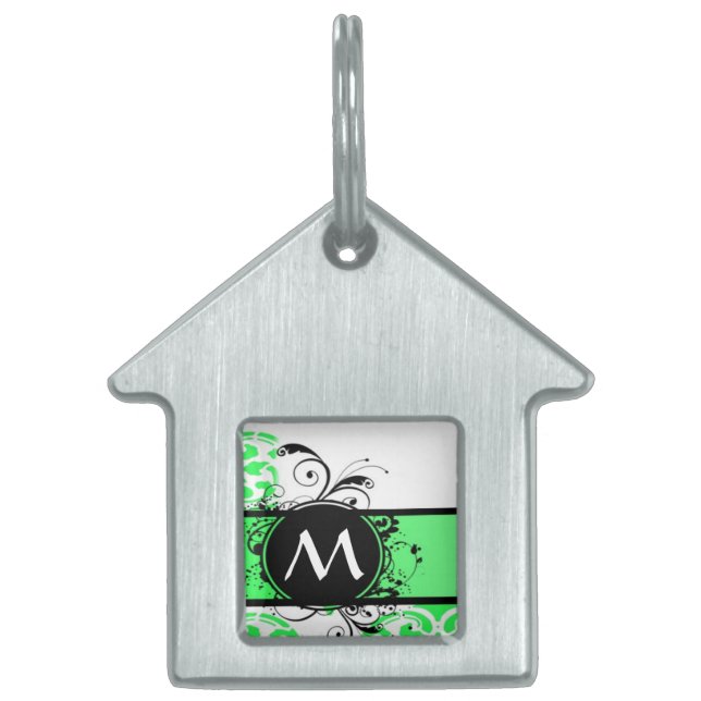 Green damask pattern monogram pet name tag (Front)