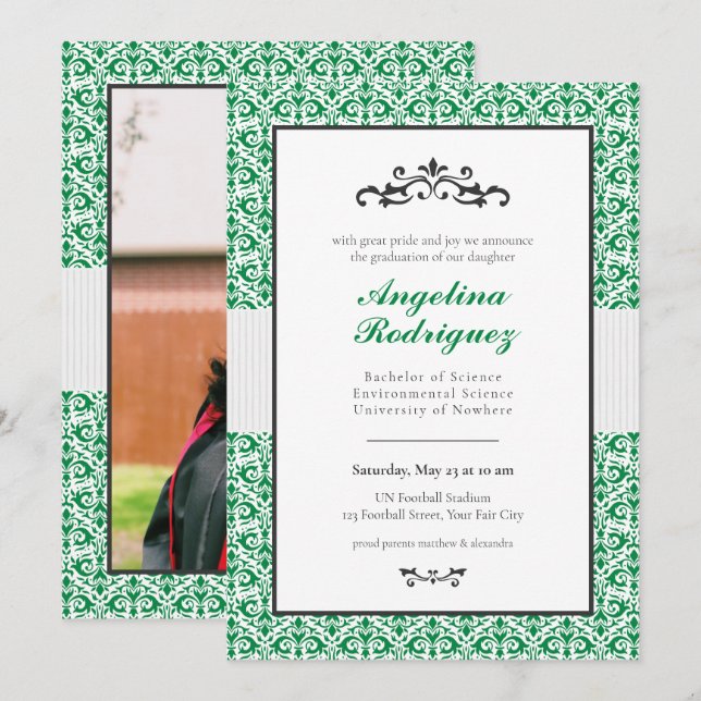 Green Damask Pattern Photo Graduation Invitation (Front/Back)