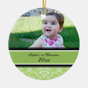 Green Damask Photo Baby's 1st Christmas Ornament