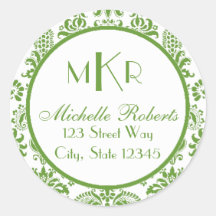Green Damask Round Return Address Label