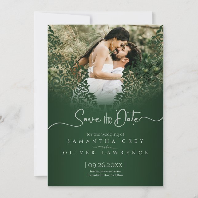 Green Damask Save the Date Card with Custom Photo (Front)