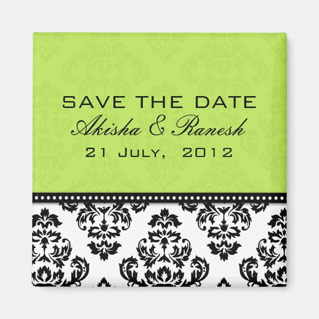 Green Damask Save the Date Magnet (Front)