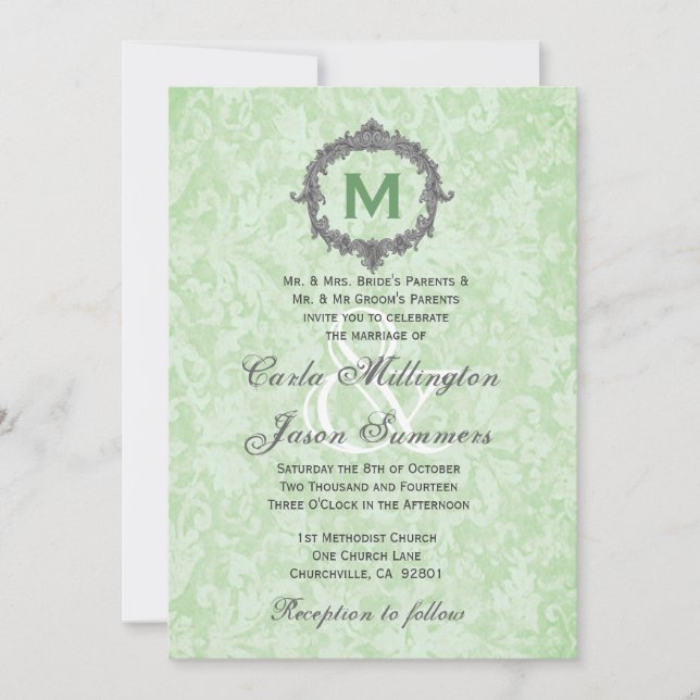 Green Damask Silver Vintage Frame Monogram Wedding Invitation (Front)