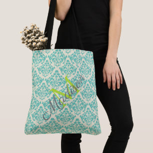 Green Damask Trendy Cute Girly Name Monogram Tote Bag
