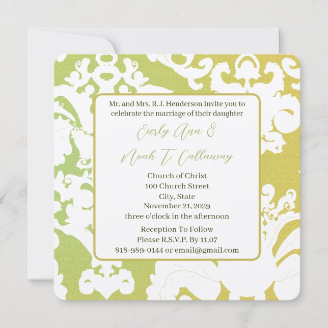 Green Damask Wedding Invitations (Front)