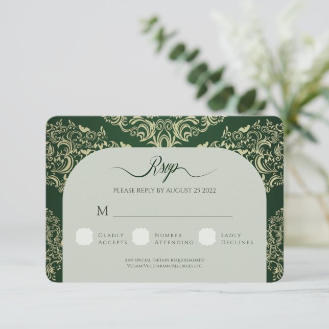 Green Damask Wedding RSVP Response Card (Standing Front)